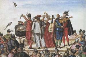 04. Ciarlatano, Zanni e musicanti, in Album Amicorum, Ms. Bamberg I.Qc.75, acquarello, 1600 c., Bamberg, Staatsbibliotheck